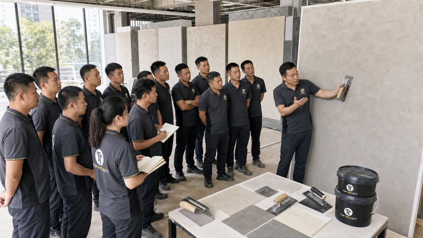 TOP PROJECT 技术讲师在施工现场向施工团队演示微水泥批刮方法