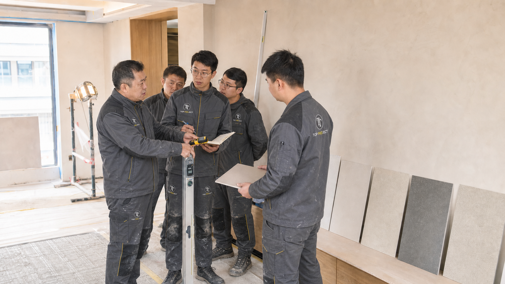 TOP PROJECT 技术团队在现场核对基层检测结果和饰面样板