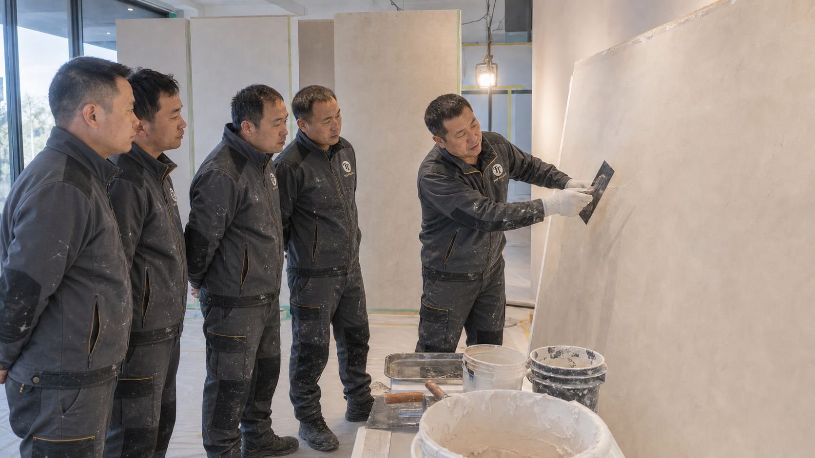TOP PROJECT 技术讲师演示墙面饰面材料的批刮角度
