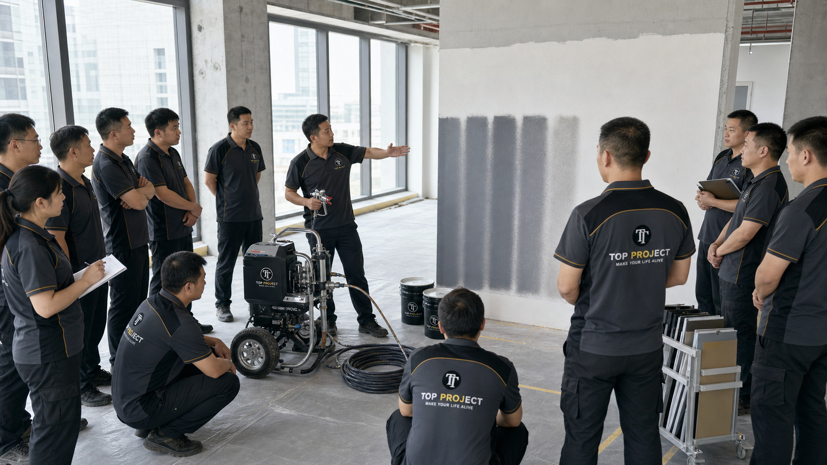 TOP PROJECT 技术讲师向施工团队讲解无气喷涂设备与喷幅测试